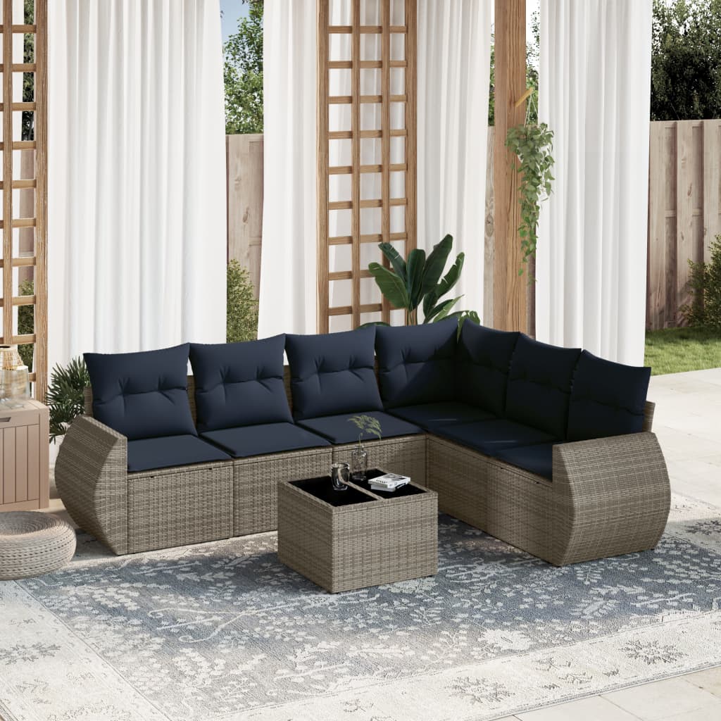 7-teiliges Gartensofa-Set mit Kissen, grau, Polyrattan