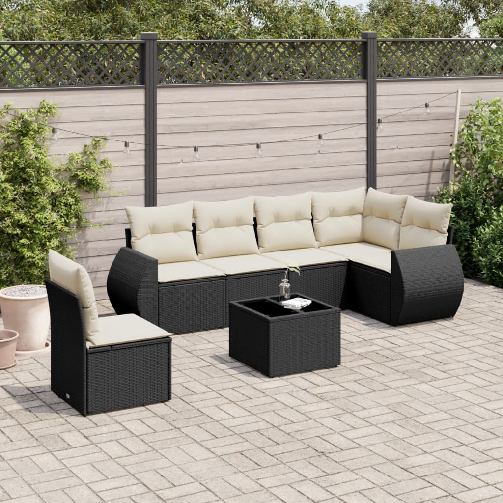 vidaXL 7-tlg. Garten-Sofagarnitur mit Kissen Schwarz Poly Rattan