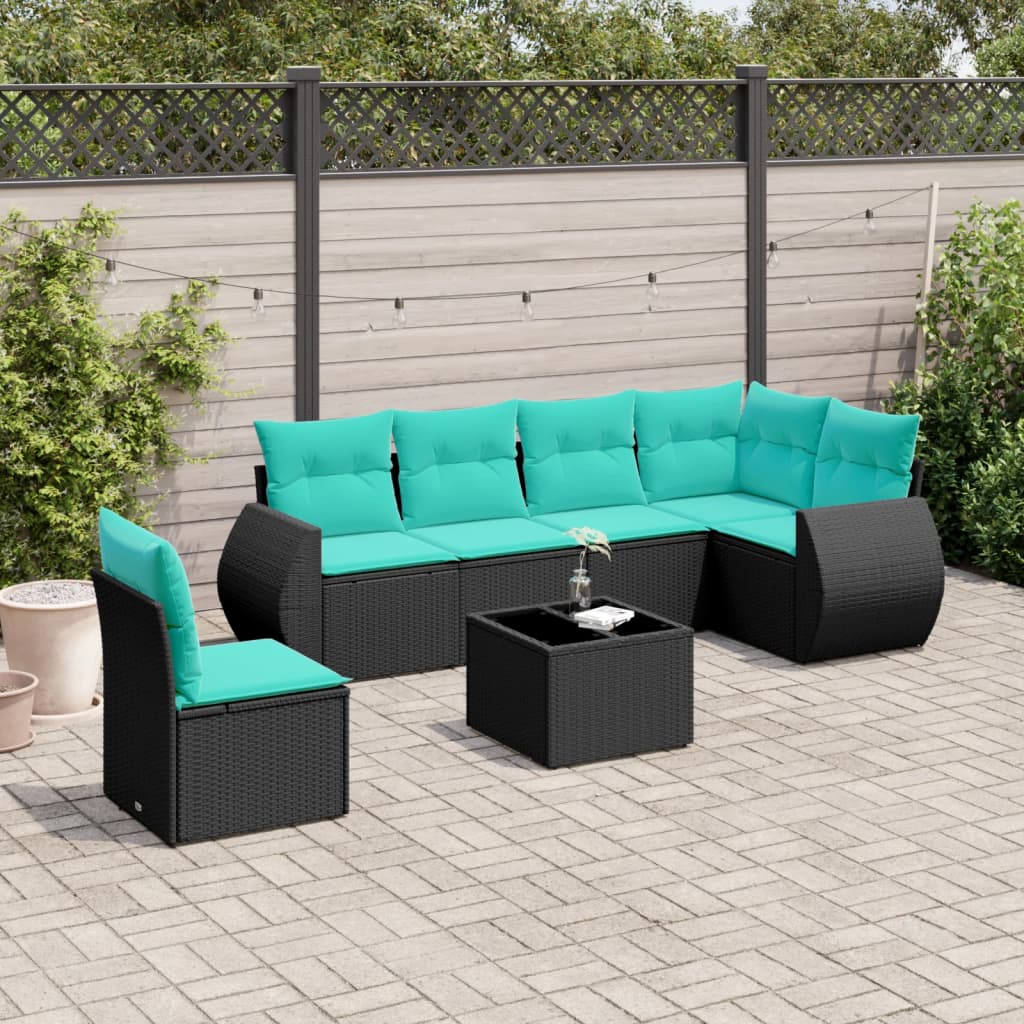 vidaXL 7-teiliges Gartensofa-Set mit Kissen, schwarzes Polyrattan