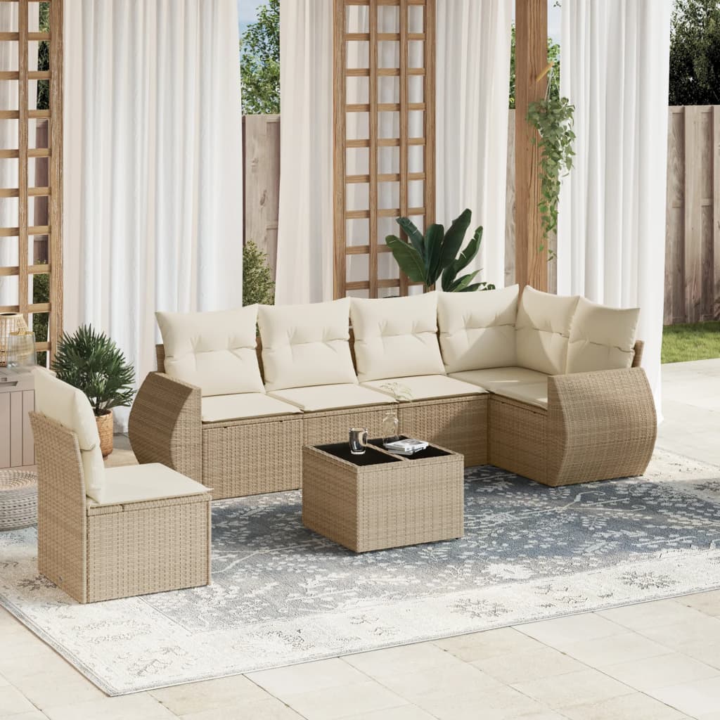 vidaXL 7-tlg. Garten-Sofagarnitur mit Kissen Beige Poly Rattan