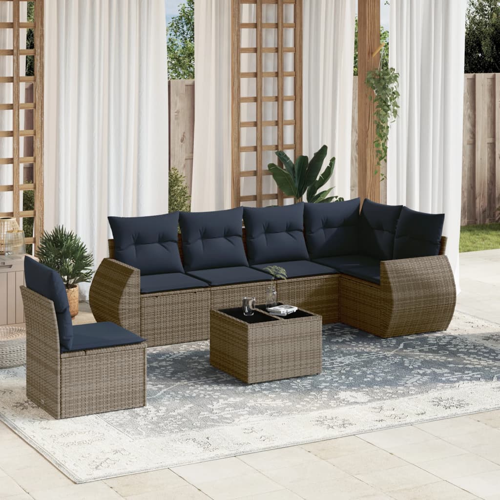 Havesofasæt i polyrattan - 7 dele med marineblå hynder, grå