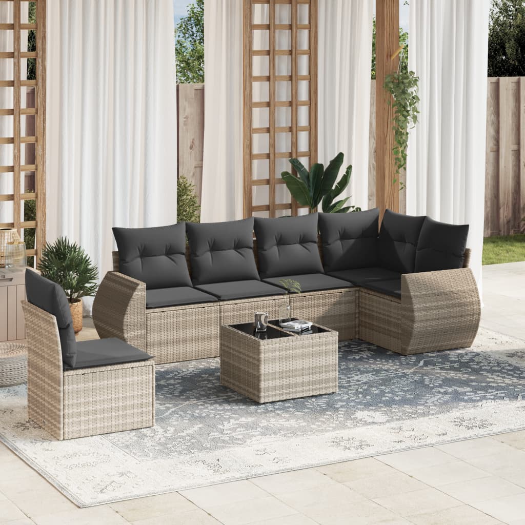 vidaXL 7-tlg. Garten-Sofagarnitur mit Kissen Hellgrau Poly Rattan