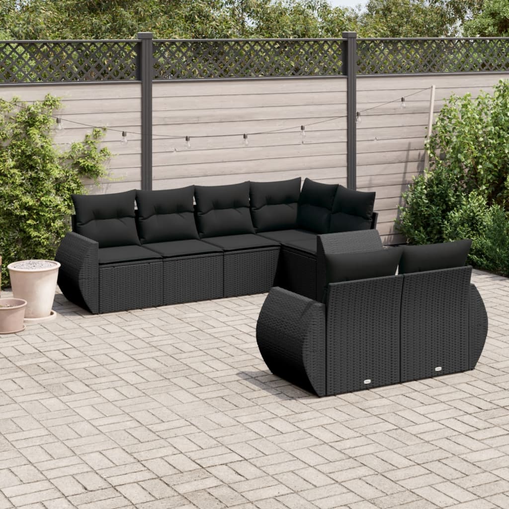 vidaXL 7-tlg. Garten-Sofagarnitur mit Kissen Schwarz Poly Rattan