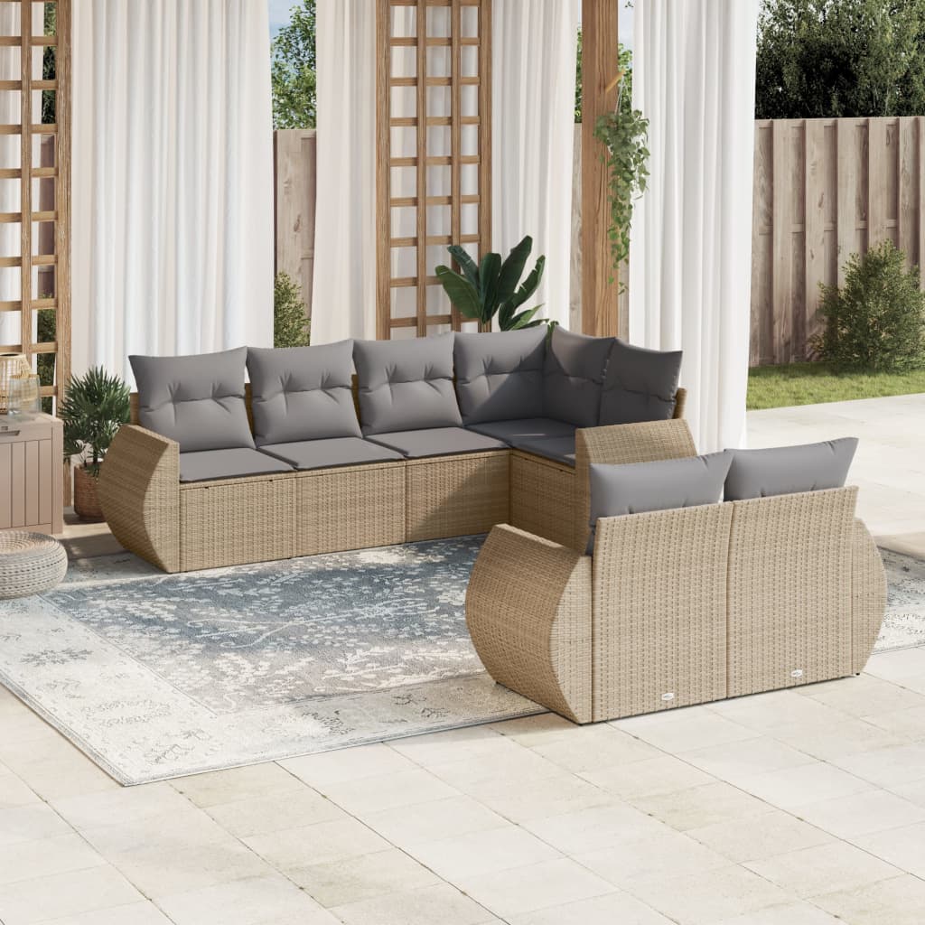 vidaXL 7-tlg. Garten-Sofagarnitur mit Kissen Beige Poly Rattan