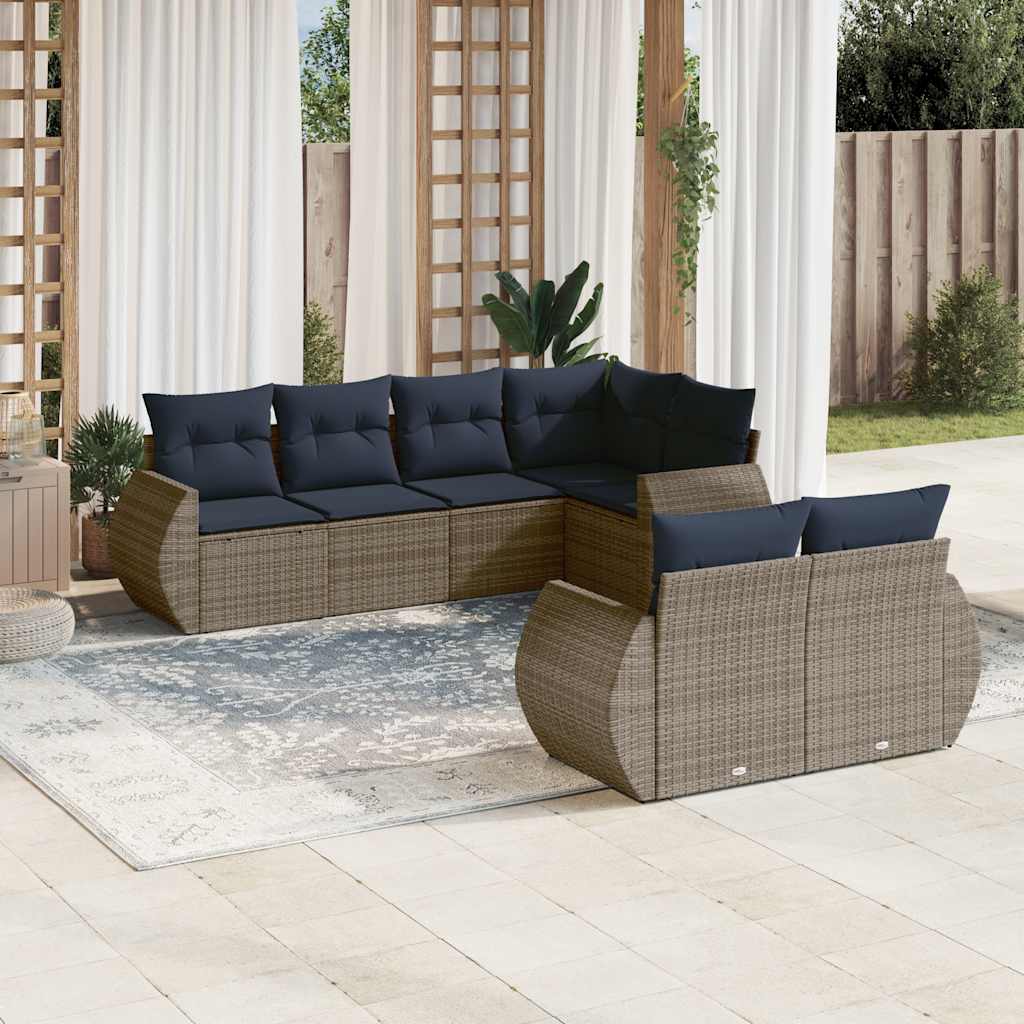 vidaXL 7-teiliges Gartensofa-Set mit Kissen, grau, Polyrattan