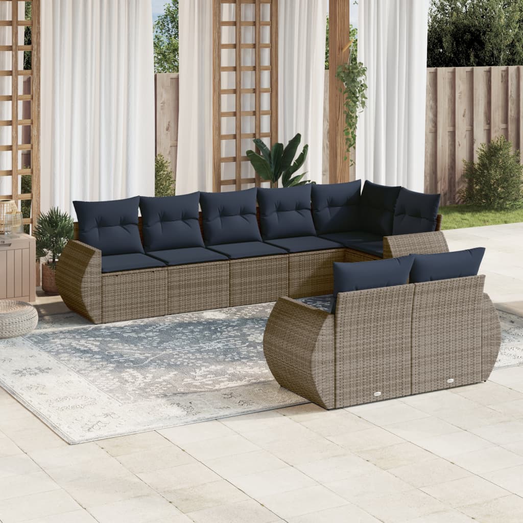 vidaXL 8-teiliges Gartensofa-Set mit Kissen, grau, Polyrattan