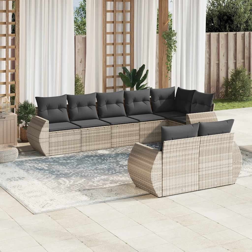 vidaXL 8-tlg. Garten-Sofagarnitur mit Kissen Hellgrau Poly Rattan