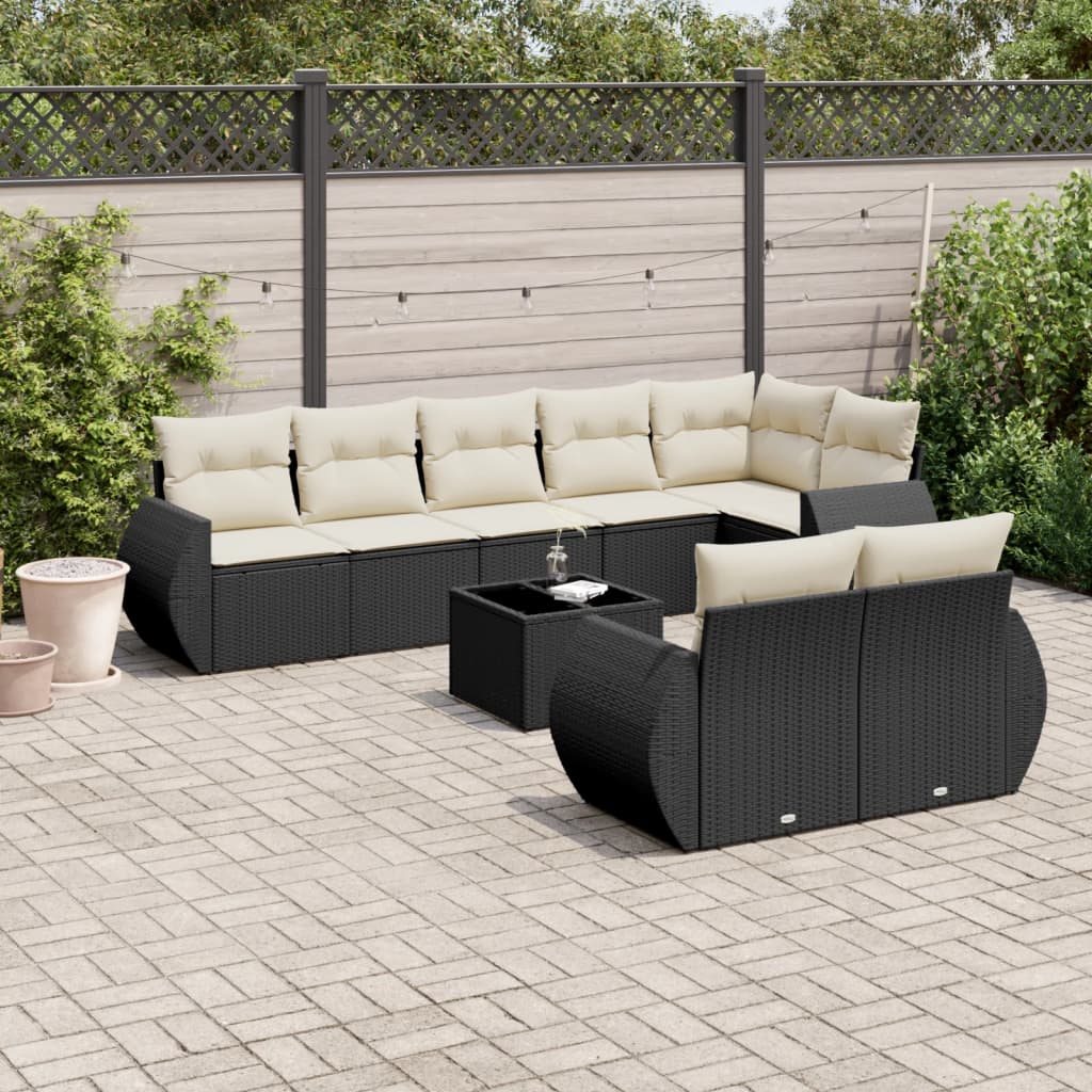 vidaXL 9-tlg. Garten-Sofagarnitur mit Kissen Schwarz Poly Rattan