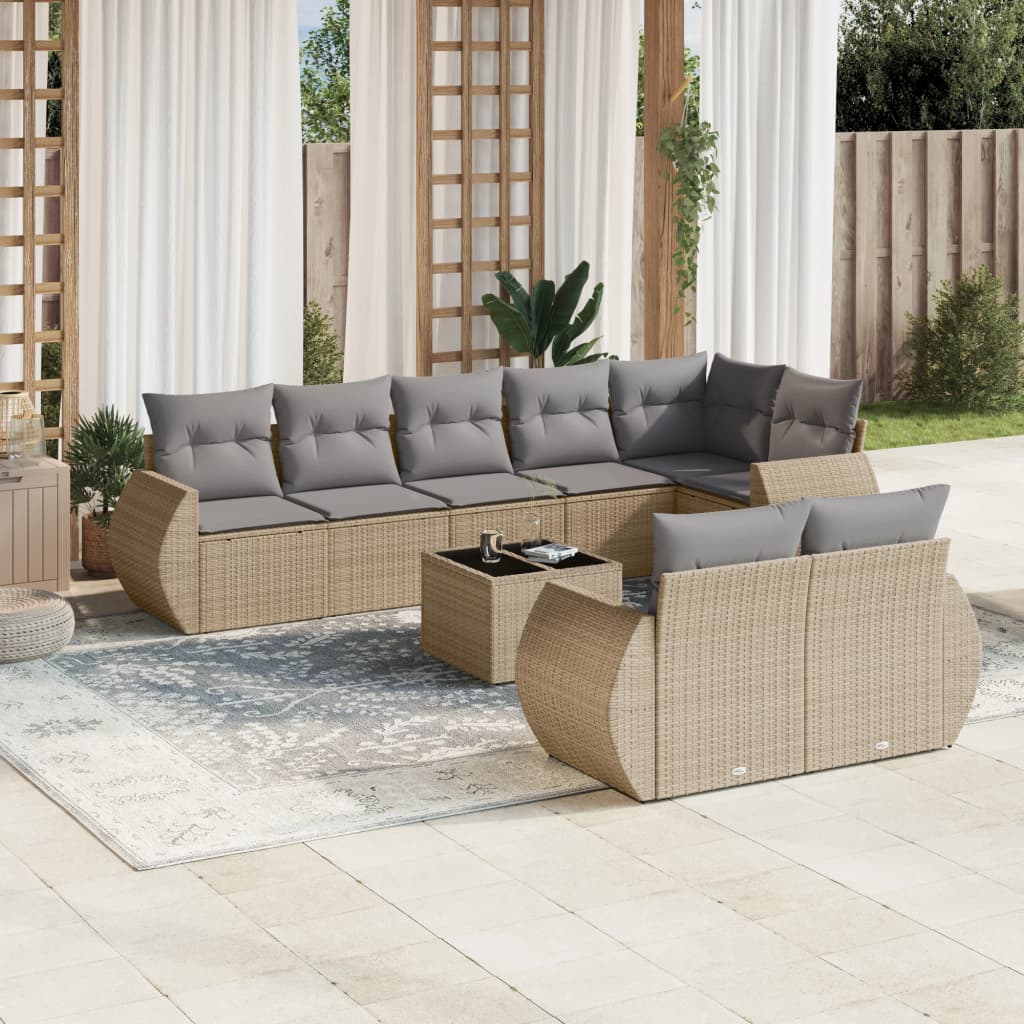 vidaXL 9-tlg. Garten-Sofagarnitur mit Kissen Beige Poly Rattan