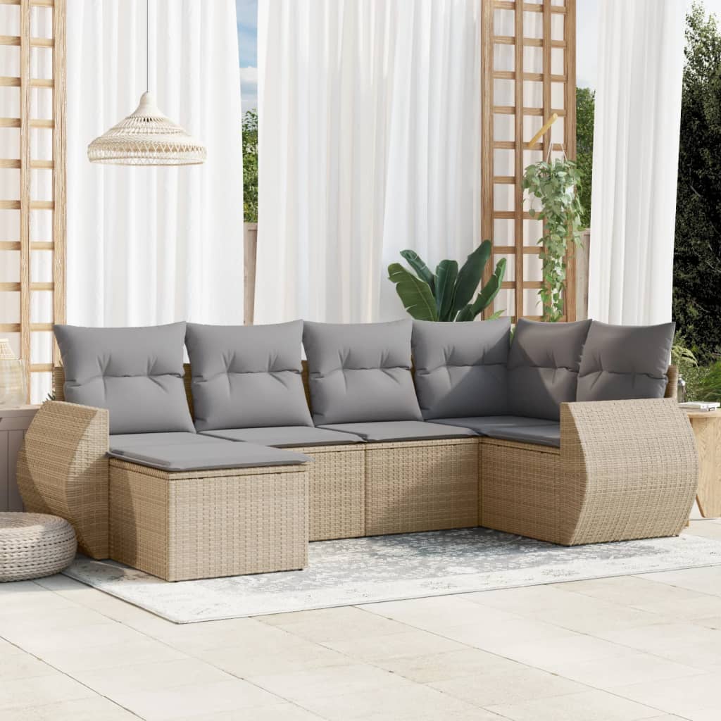 6-tlg. Garten-Sofagarnitur mit Kissen Beige Poly Rattan