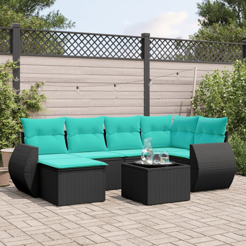 vidaXL 7-teiliges Gartensofa-Set mit Kissen, schwarzes Polyrattan