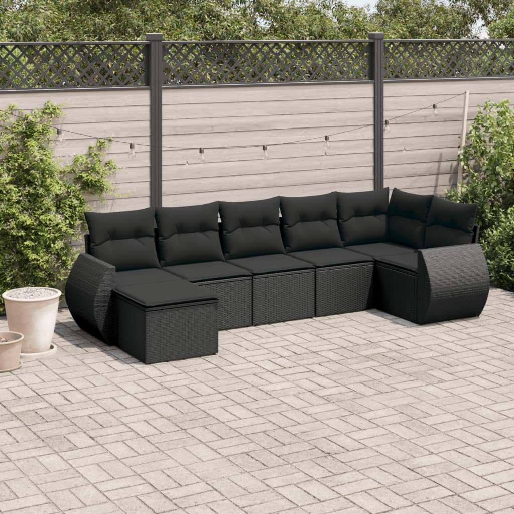 vidaXL 7-tlg. Garten-Sofagarnitur mit Kissen Schwarz Poly Rattan