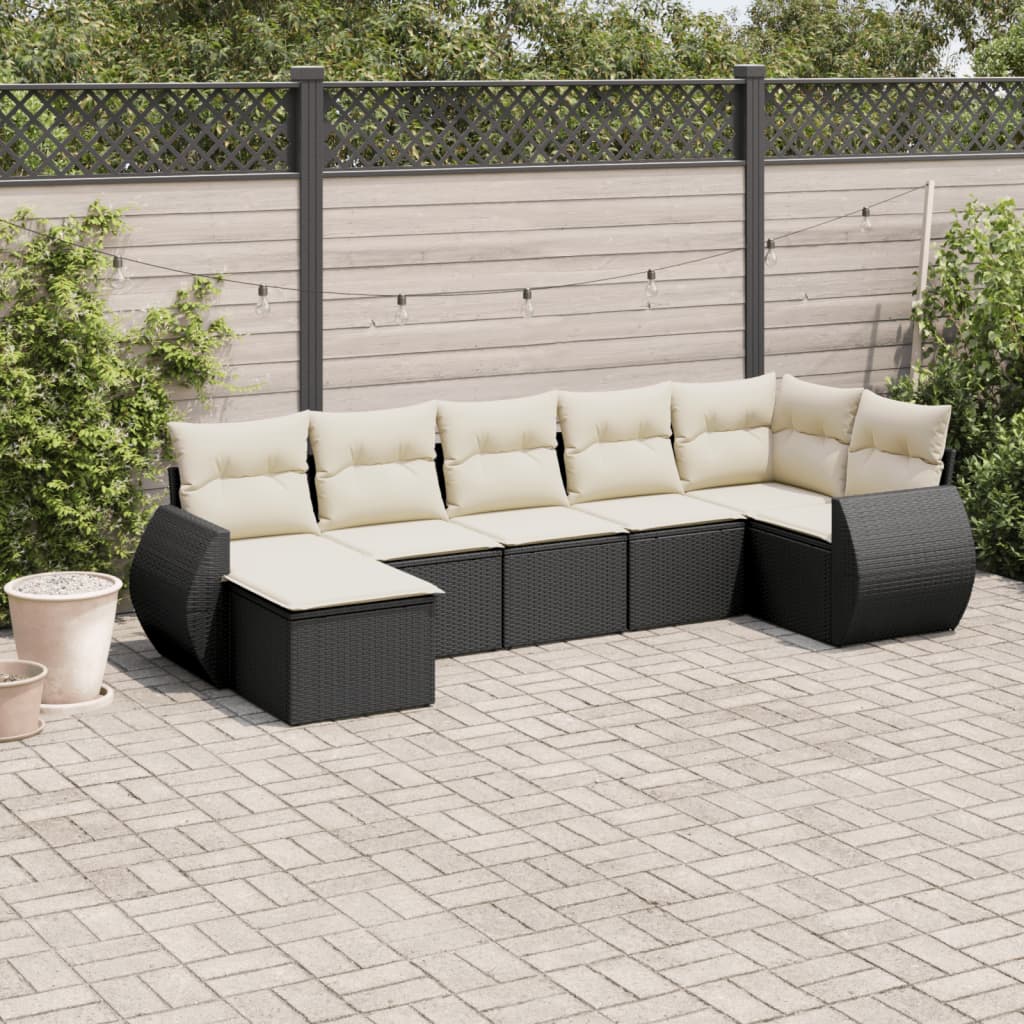 vidaXL 7-tlg. Garten-Sofagarnitur mit Kissen Schwarz Poly Rattan