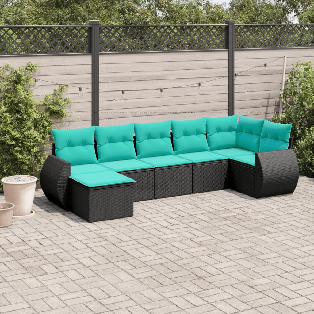 7 Piece Patio Sofa Set with Cushions Black Poly Rattan vidaXL vidaXL