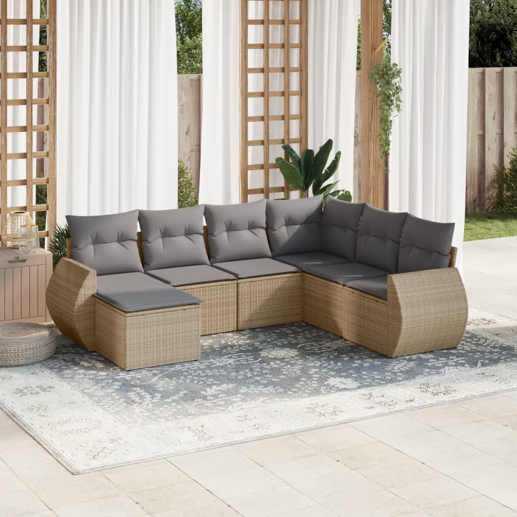 vidaXL 7-tlg. Garten-Sofagarnitur mit Kissen Beige Poly Rattan