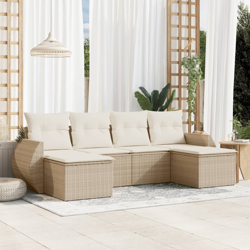 vidaXL 6-tlg. Garten-Sofagarnitur mit Kissen Beige Poly Rattan