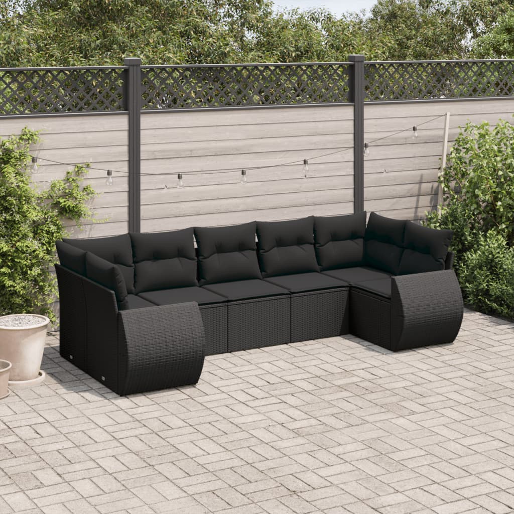 vidaXL 7-tlg. Garten-Sofagarnitur mit Kissen Schwarz Poly Rattan