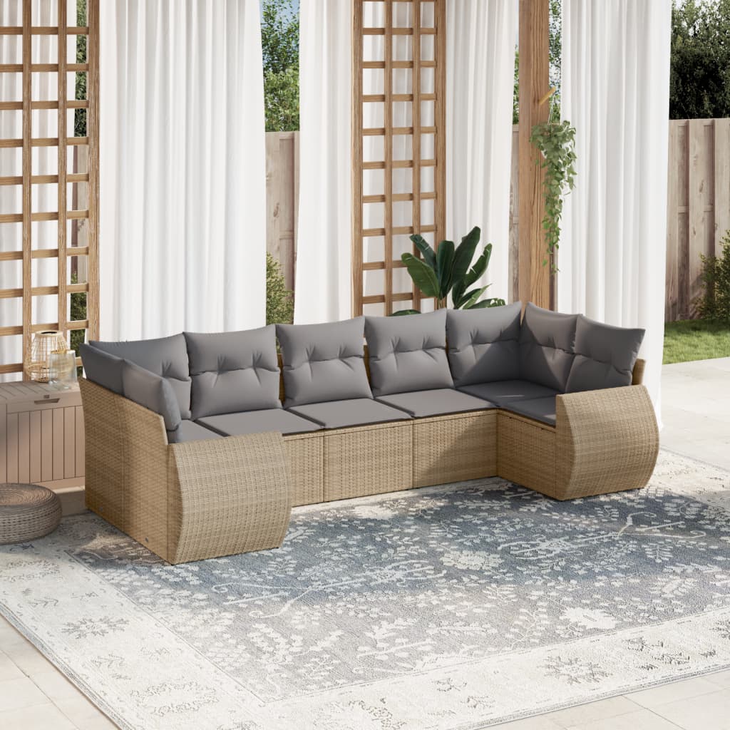 7-tlg. Garten-Sofagarnitur mit Kissen Beige Poly Rattan