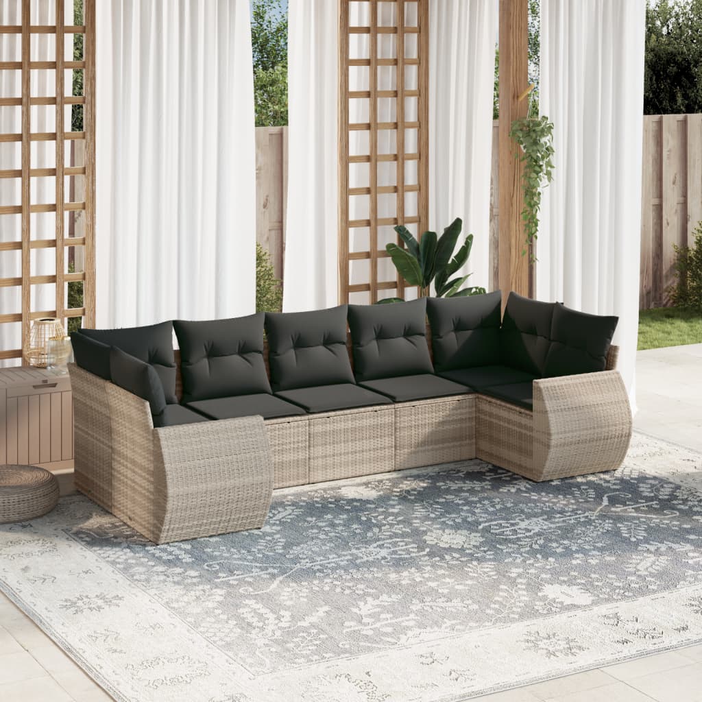 vidaXL 7-tlg. Garten-Sofagarnitur mit Kissen Hellgrau Poly Rattan