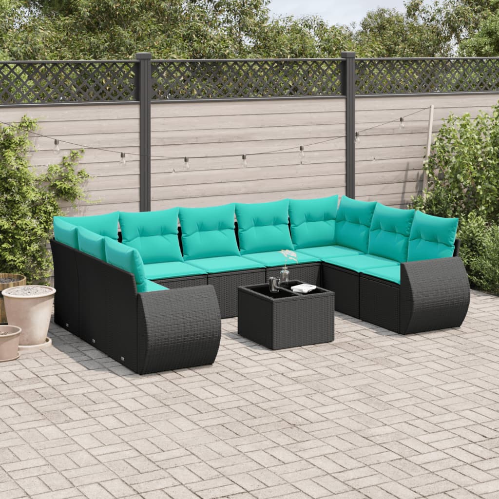 vidaXL 10-delige tuinbankset met kussens van zwart polyrotan