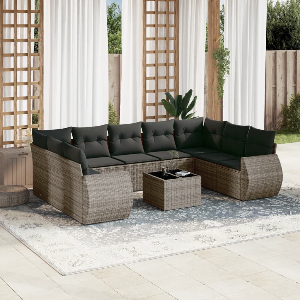 vidaXL 10-tlg. Garten-Sofagarnitur mit Kissen Grau Poly Rattan