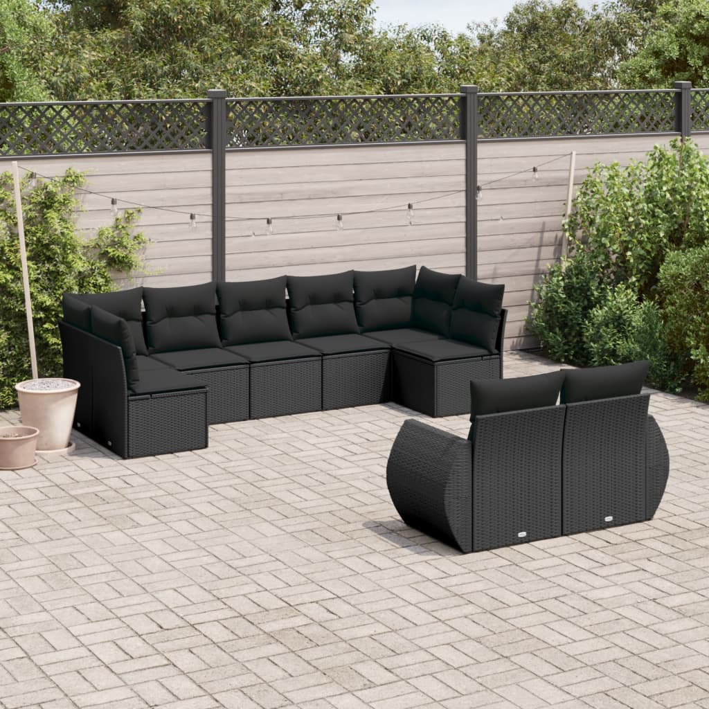 vidaXL 9-tlg. Garten-Sofagarnitur mit Kissen Schwarz Poly Rattan