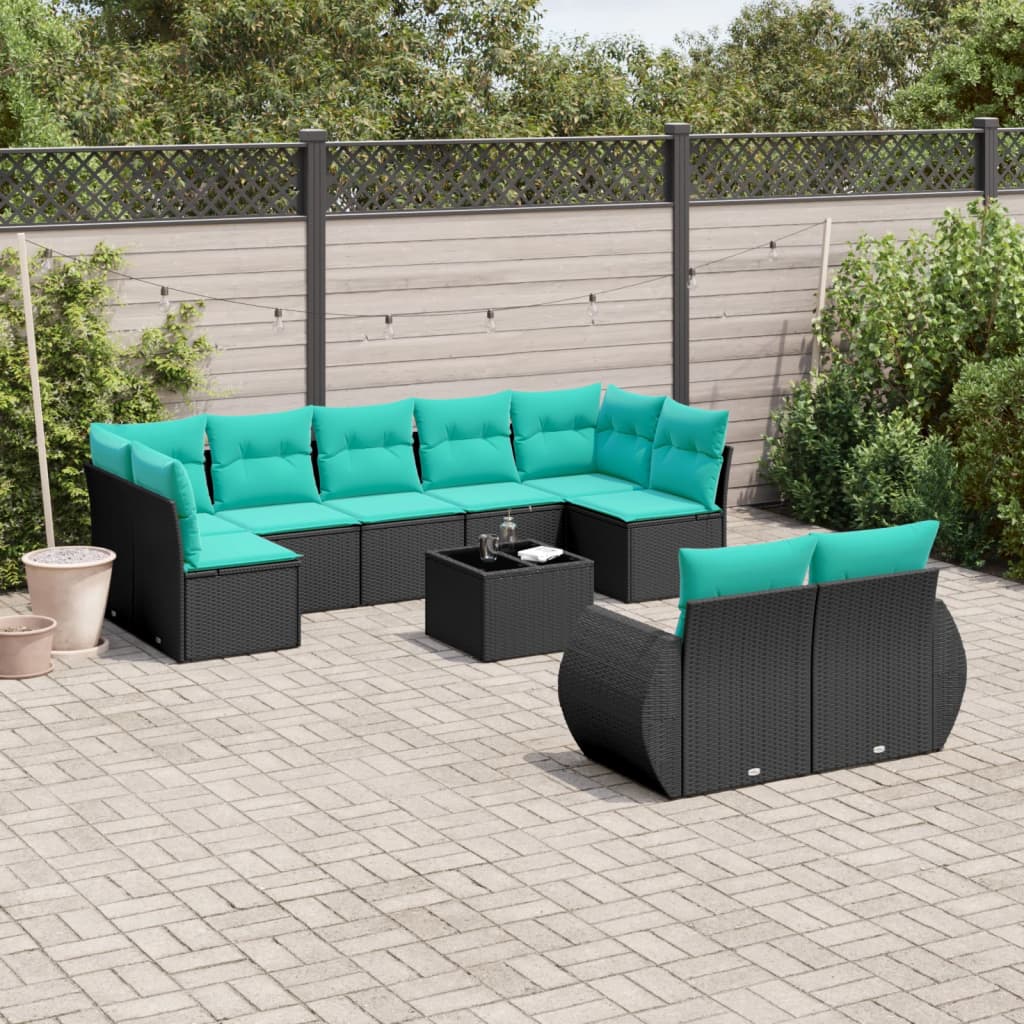 vidaXL 10-teiliges Gartensofa-Set mit Kissen, schwarzes Polyrattan