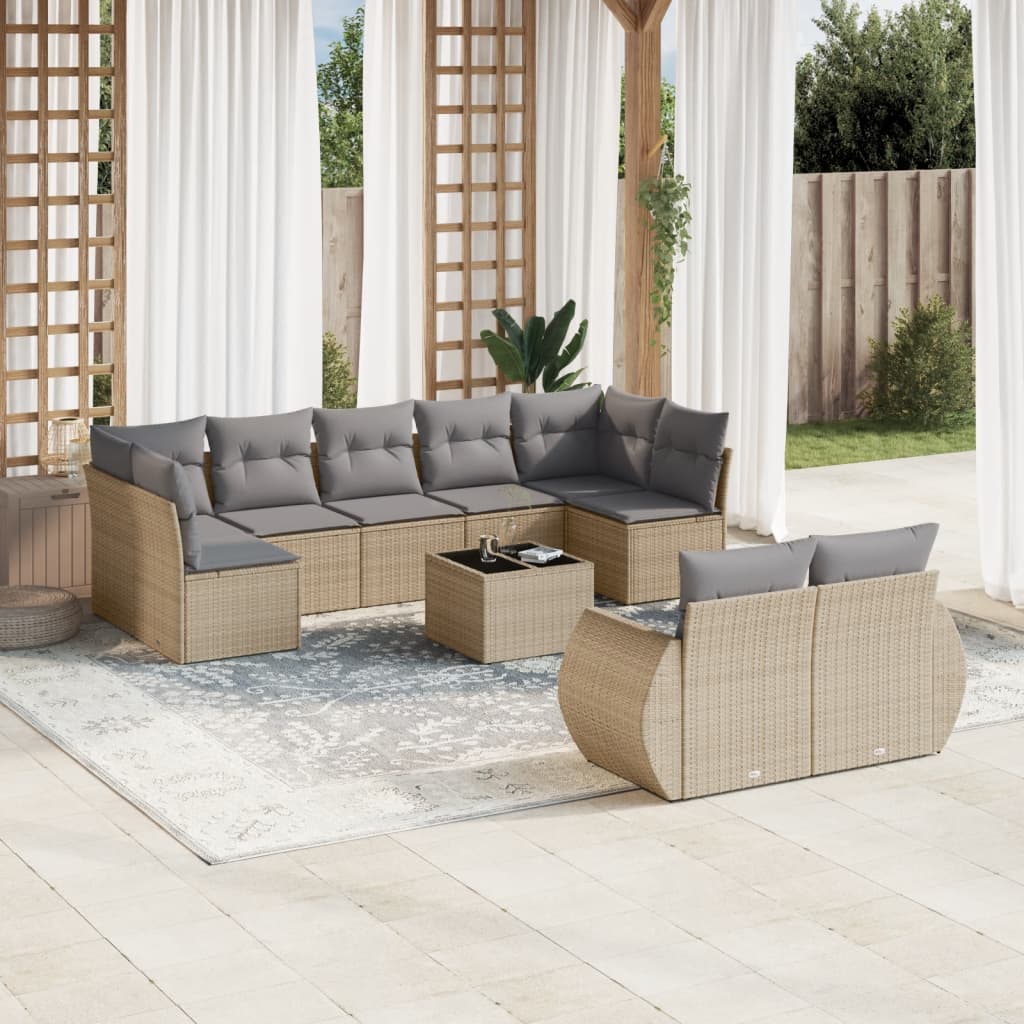 vidaXL 10-tlg. Garten-Sofagarnitur mit Kissen Beige Poly Rattan