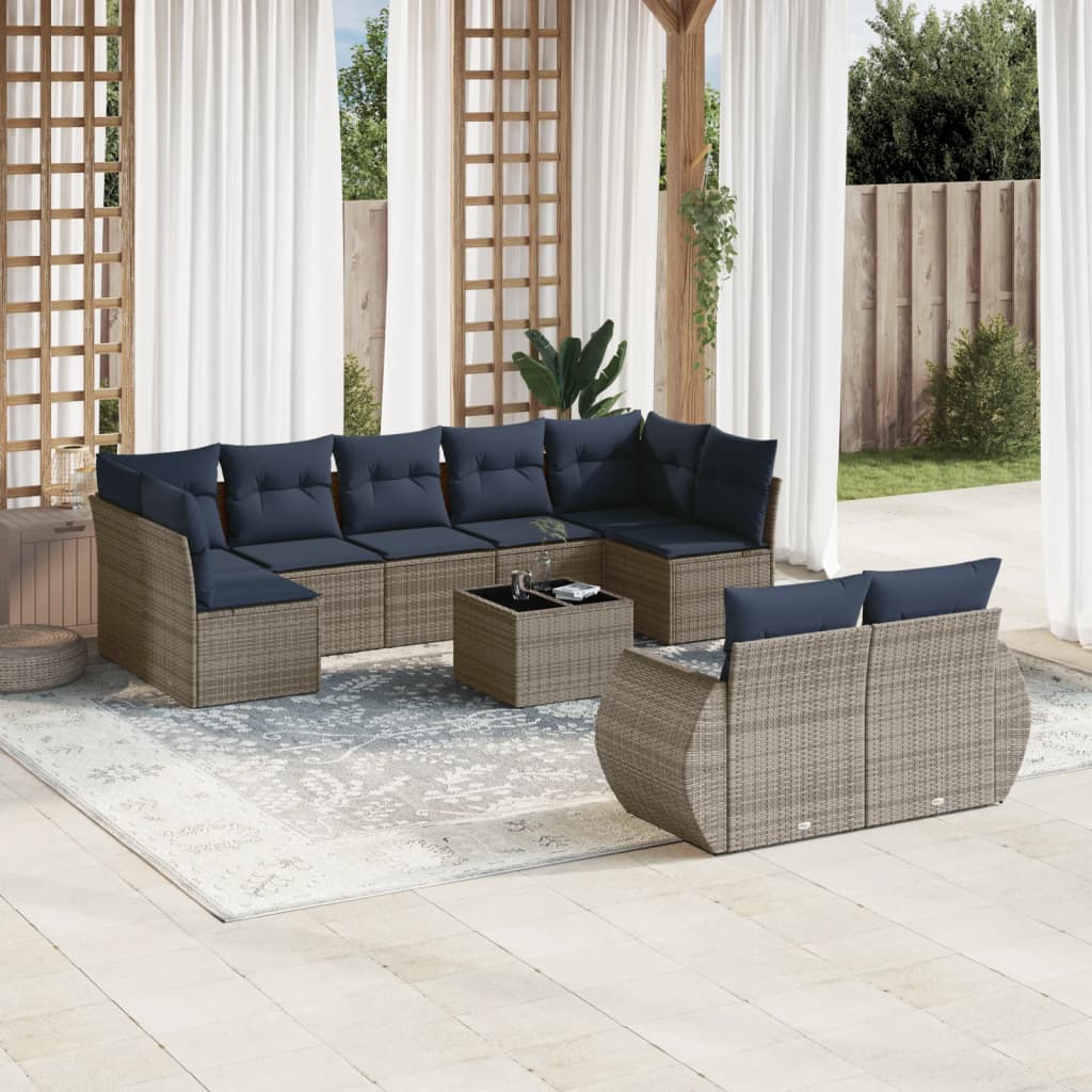 vidaXL 10-teiliges Gartensofa-Set mit Kissen, grau, Polyrattan