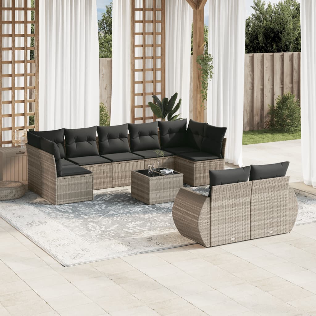 vidaXL 10-tlg. Garten-Sofagarnitur mit Kissen Hellgrau Poly Rattan