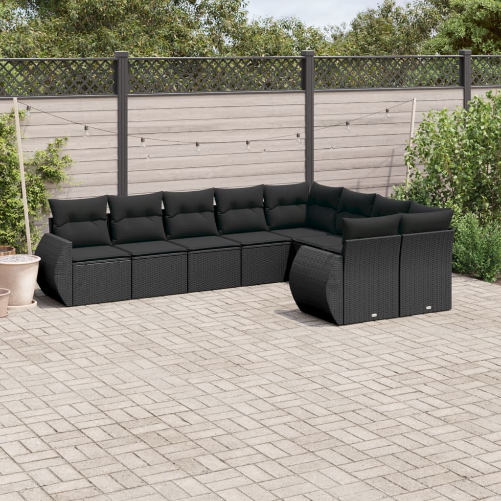 vidaXL 9-delige Loungeset met kussens poly rattan zwart