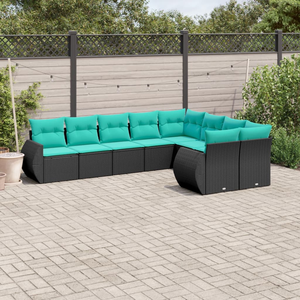 Patio Sofa Set Black Rattan with Blue Cushions