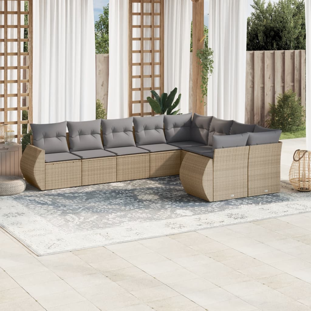 vidaXL 9-tlg. Garten-Sofagarnitur mit Kissen Beige Poly Rattan