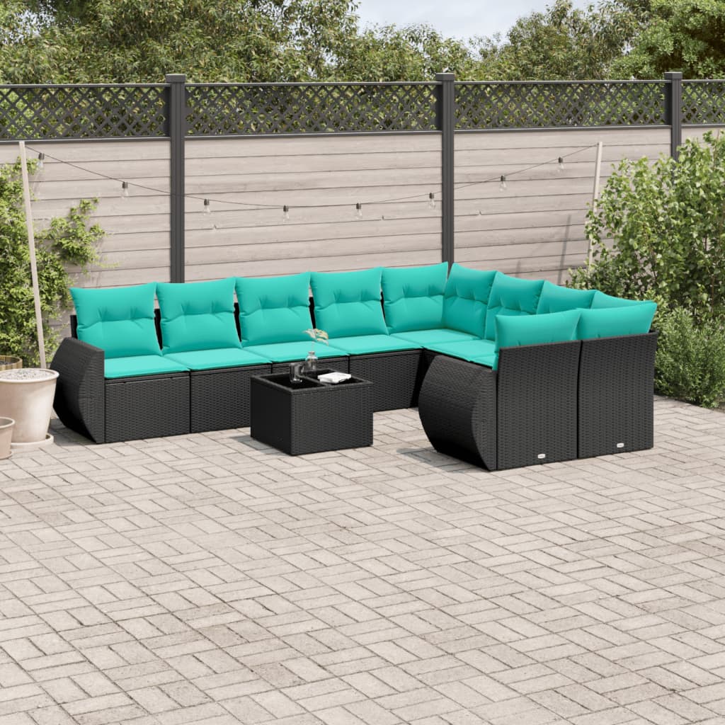 10 Piece Patio Sofa Set with Cushions Black Poly Rattan
