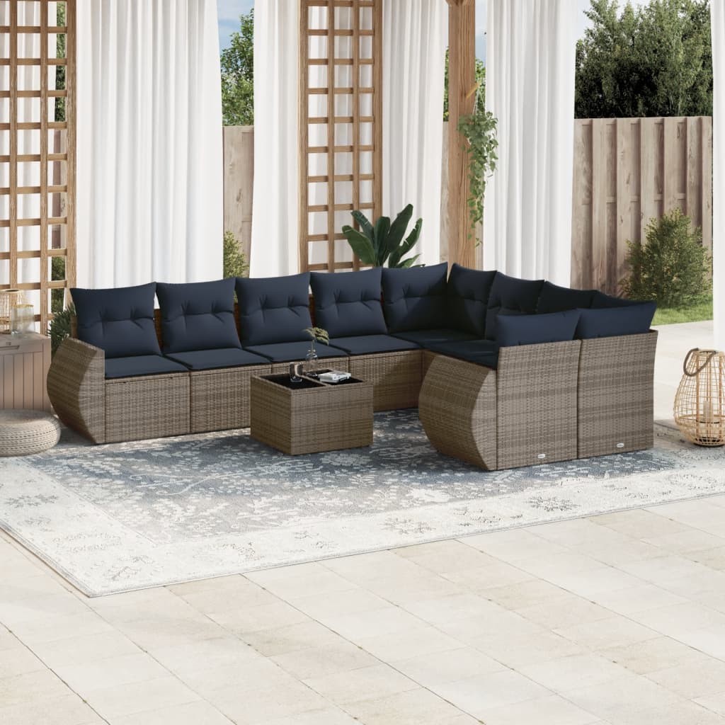 Havesofasæt i grå polyrattan - 10 dele med marineblå hynder