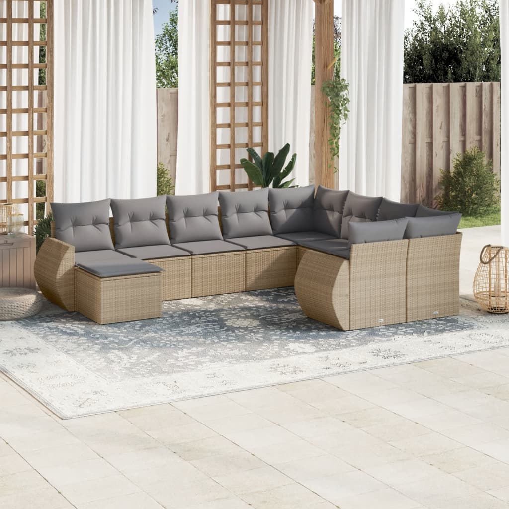 vidaXL 10-tlg. Garten-Sofagarnitur mit Kissen Beige Poly Rattan