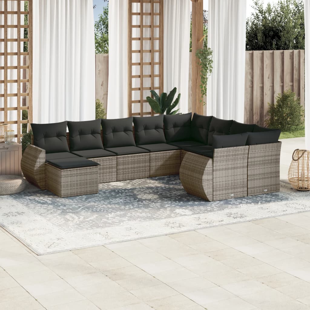 vidaXL 10 Piece Garden Sofa Set with Cushions Grey Poly Rattan