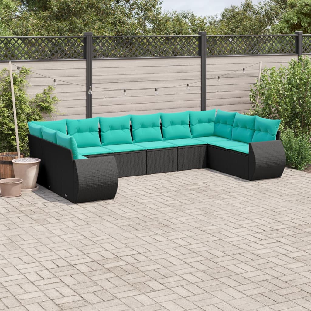 vidaXL 10-teiliges Gartensofa-Set mit Kissen, schwarzes Polyrattan