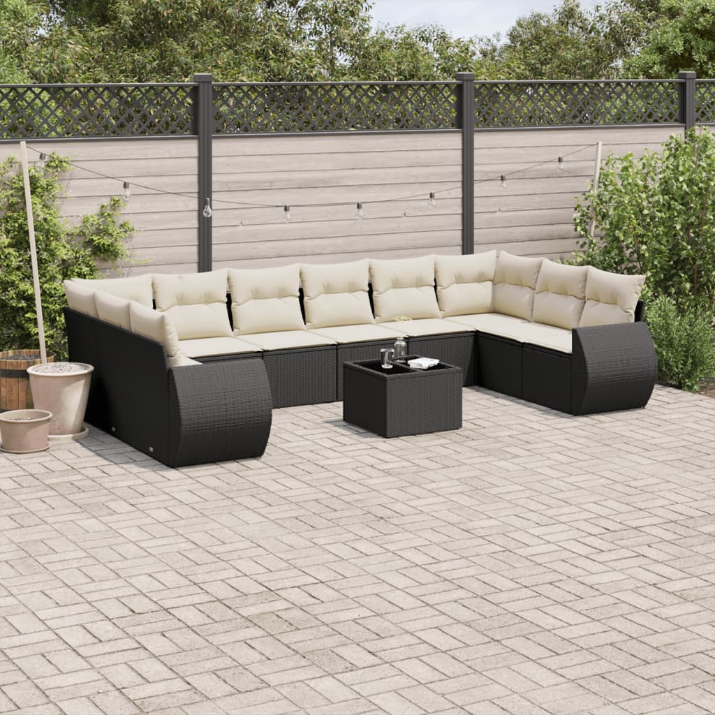 vidaXL 11-tlg. Garten-Sofagarnitur mit Kissen Schwarz Poly Rattan