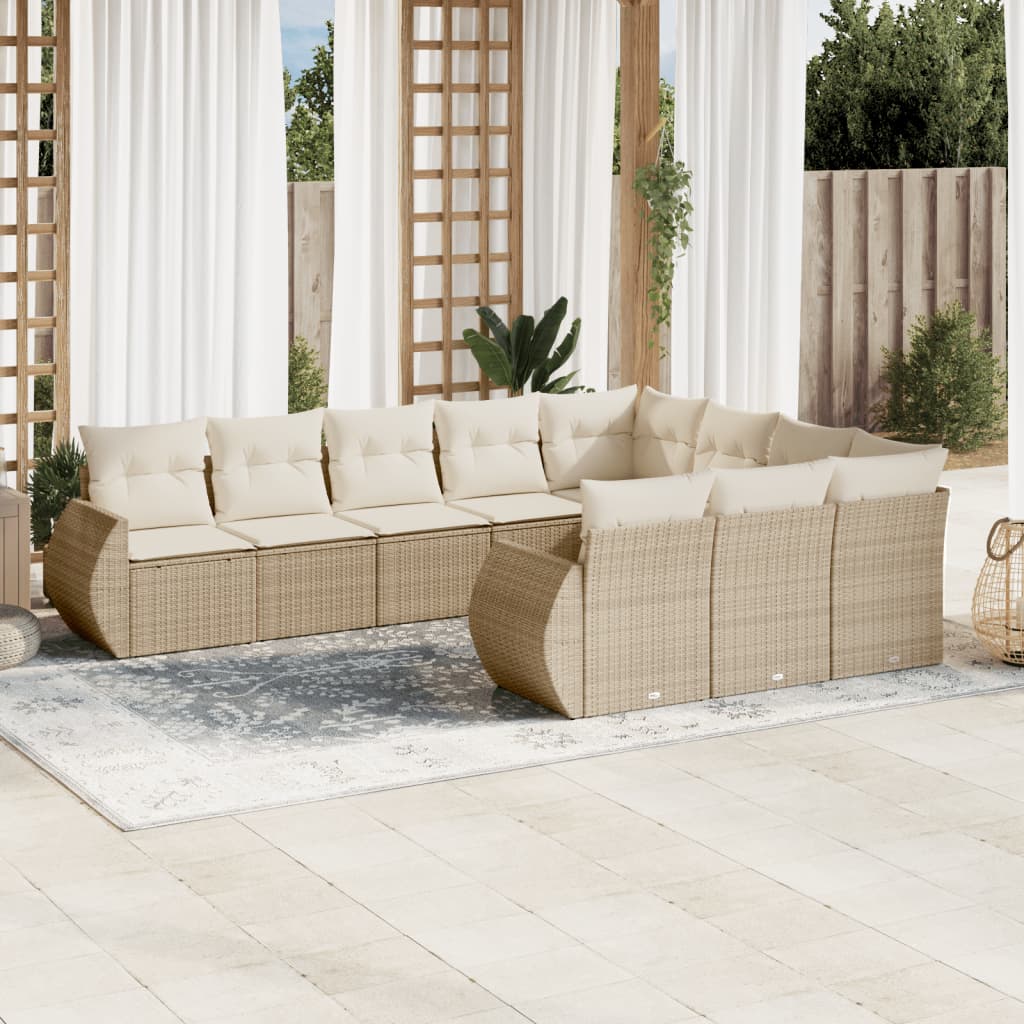 vidaXL 10-tlg. Garten-Sofagarnitur mit Kissen Beige Poly Rattan