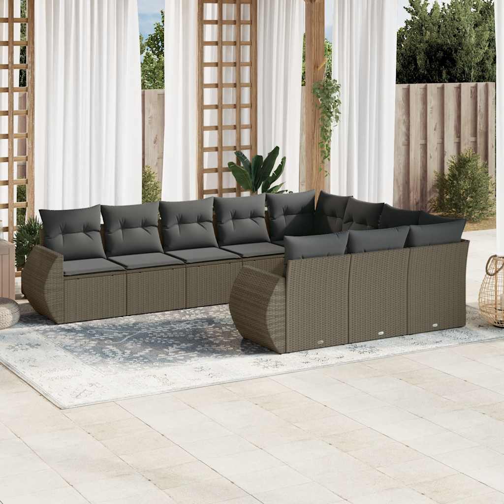 Sofasæt til haven - 10 dele i polyrattan, lysegrå med mørkegrå hynder