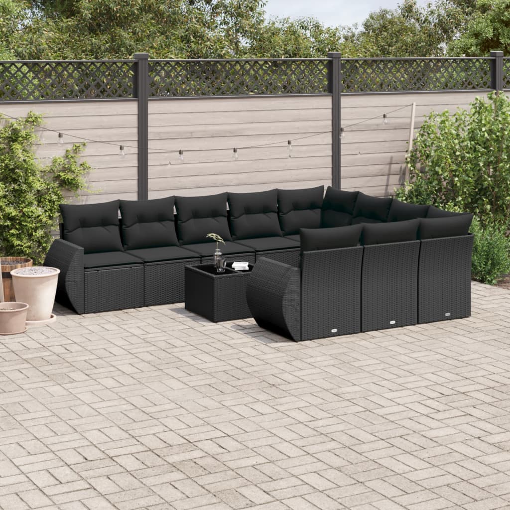 vidaXL 11-tlg. Garten-Sofagarnitur mit Kissen Schwarz Poly Rattan