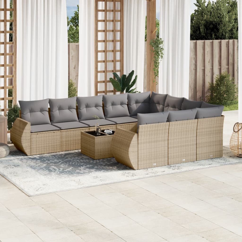 vidaXL 11-tlg. Garten-Sofagarnitur mit Kissen Beige Poly Rattan