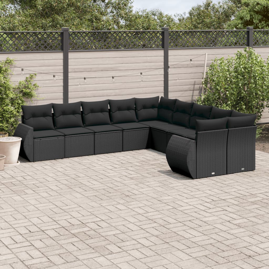 vidaXL 10 Piece Garden Sofa Set with Cushions Black Poly Rattan