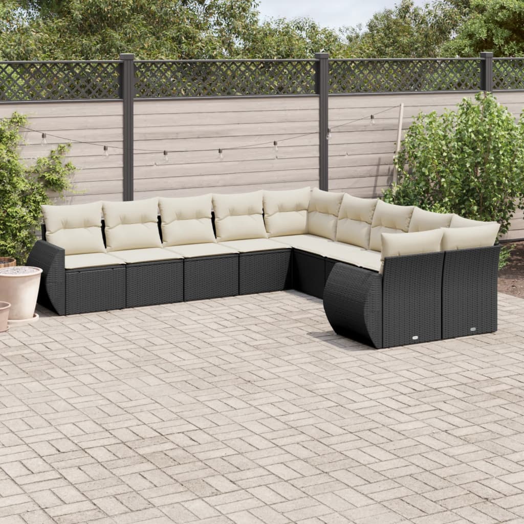 vidaXL 10-tlg. Garten-Sofagarnitur mit Kissen Schwarz Poly Rattan