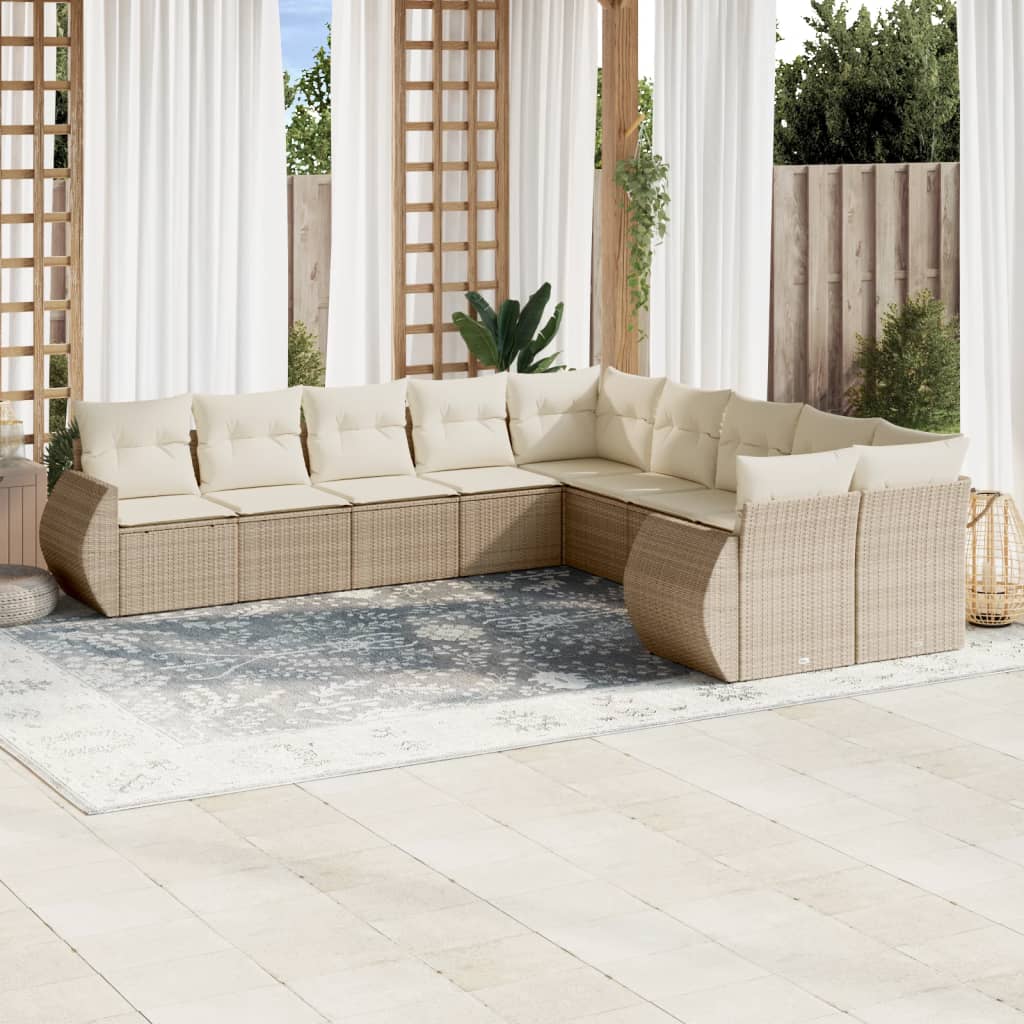 vidaXL 10-tlg. Garten-Sofagarnitur mit Kissen Beige Poly Rattan