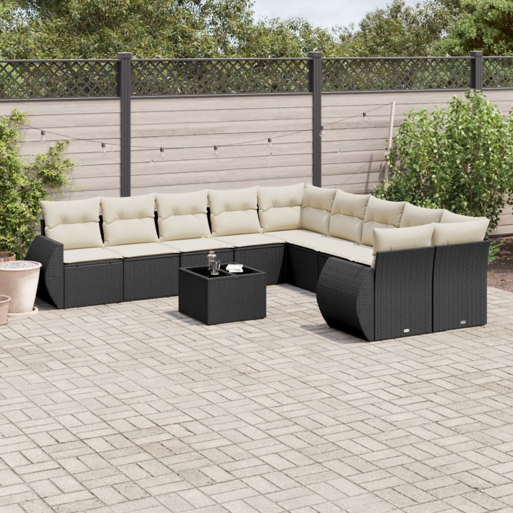 vidaXL 11-tlg. Garten-Sofagarnitur mit Kissen Schwarz Poly Rattan