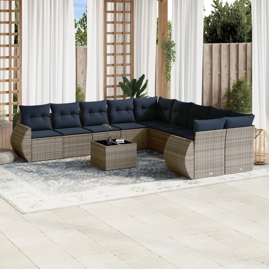 11 Piece Patio Sofa Set with Cushions Gray Poly Rattan