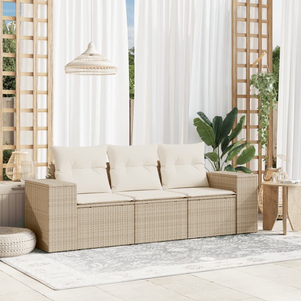 vidaXL 3-tlg. Garten-Sofagarnitur mit Kissen Beige Poly Rattan