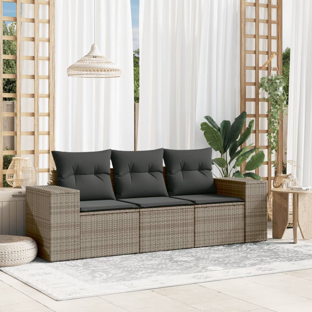 vidaXL 3-tlg. Garten-Sofagarnitur mit Kissen Grau Poly Rattan